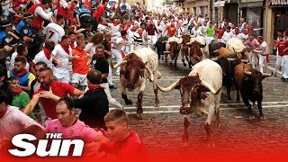 Pamplona Bull Run 2019 tumbles turns and injuries [upl. by Mukerji476]