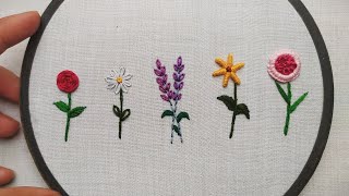 HAND EMBROIDERY FOR BEGINNERS  5 Amazing Flowers Embroidery Tutorial  Lets Explore [upl. by Annij]