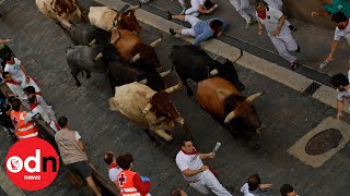 First Bull Run In Pamplona At Least Five Injured At San Fermin Festival [upl. by Nahpos]