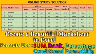 How to Create Beautiful Marksheet in Excel  formula  Conditional formatting Rank Percentage SUM [upl. by Babcock]