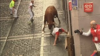 Pamplona Attack Watch as bull gores three runners [upl. by Nodnerb]