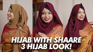 How To Style Hijab With Saree  3 Different Party Hijab Style  Khudalagse [upl. by Venator]